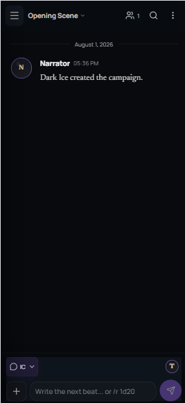 AnyTale mobile campaign room showing an Opening Scene and message composer